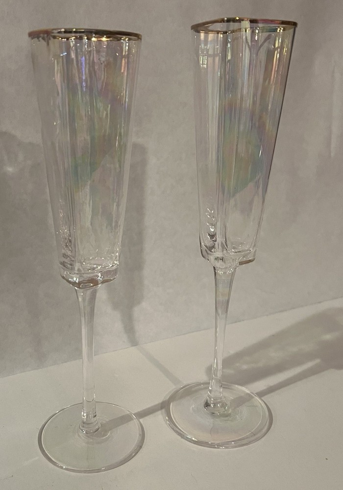 2 David Tutera Heart Shaped Iridescent CHAMPAGNE FLUTE Gold Rim TIKTOK Viral 10”