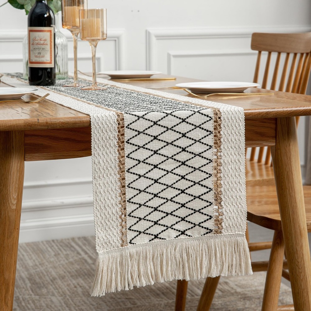Table Runner Linear End, Boho Style with Tassels, Cotton & Linen, Farmhouse H…