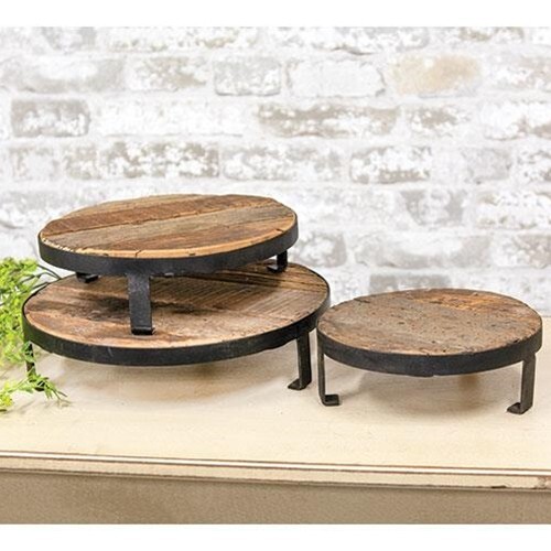 Weathered Wood Metal Round Risers Trivet Set/3 Primitive 8″,10″,12″W x3.25″H CWI