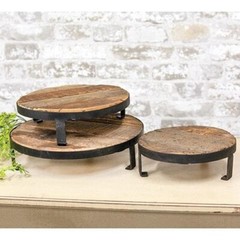 Weathered Wood Metal Round Risers Trivet Set/3 Primitive 8″,10″,12″W x3.25″H CWI