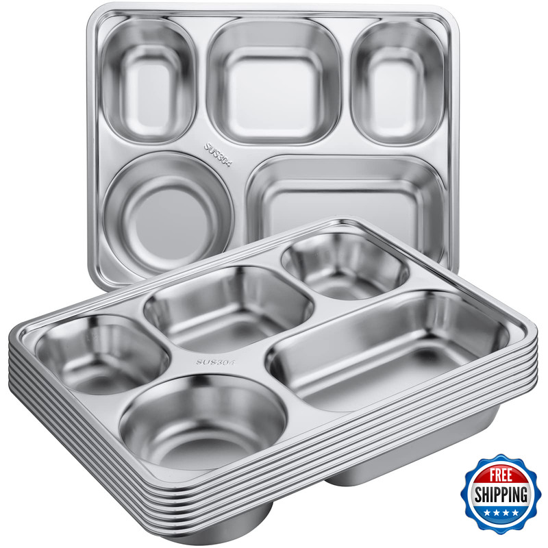 Foaincore 8 Pack 304 Stainless Steel Divided Plates Rectangular Portion Control