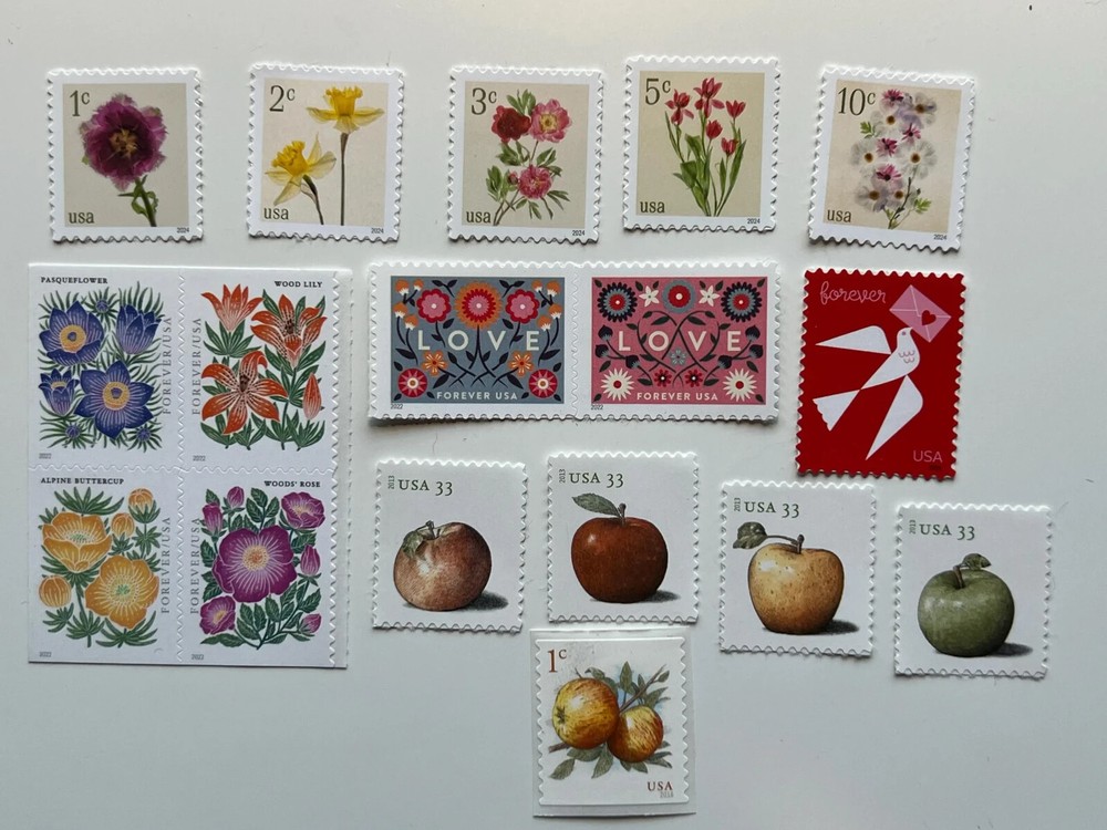 FLOWERS, FRUIT, and LOVE on Stamps – 17 individual MINT usable postage – Lot#2