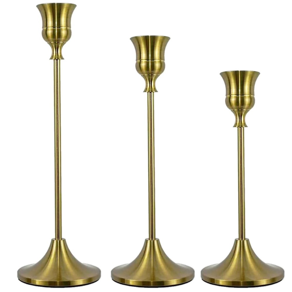 Candlestick Holders, Taper Candle Holders Set of 3, Vintage Brass Gold