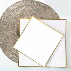 10 WHITE 8″ Square Concave Plastic Salad Dinner PLATES Gold Rim Party Events