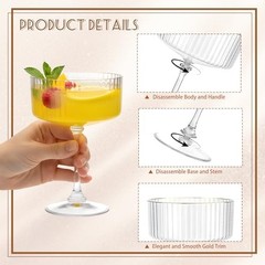 Plastic Martini Glasses 10oz, Detachable Ribbed Coupe Glasses 24 Transparent