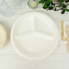 50 Round 10″ WHITE 3-Compartment Sustainable Bagasse DINNER PLATES Party Events
