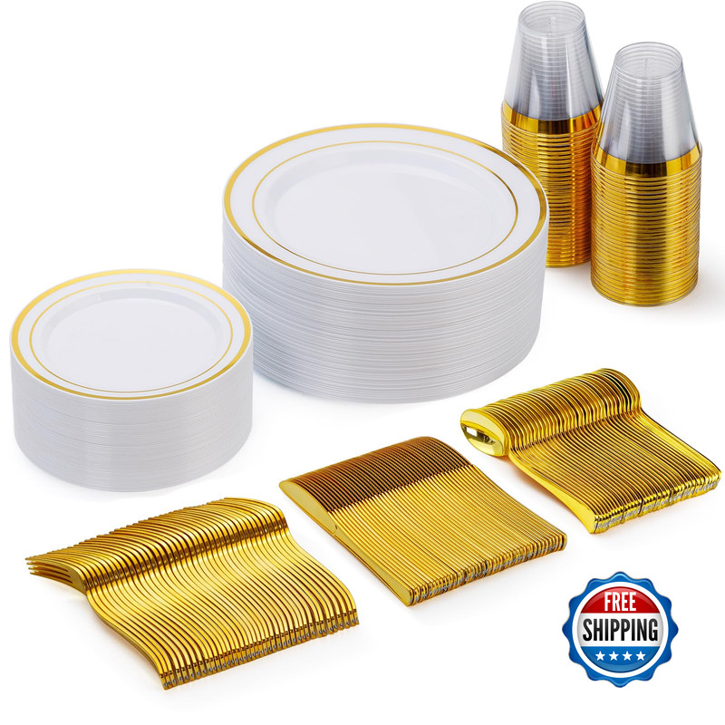 Goodluck 150 Pieces Gold Disposable Plates For 25 Guests Plastic Party Wedding