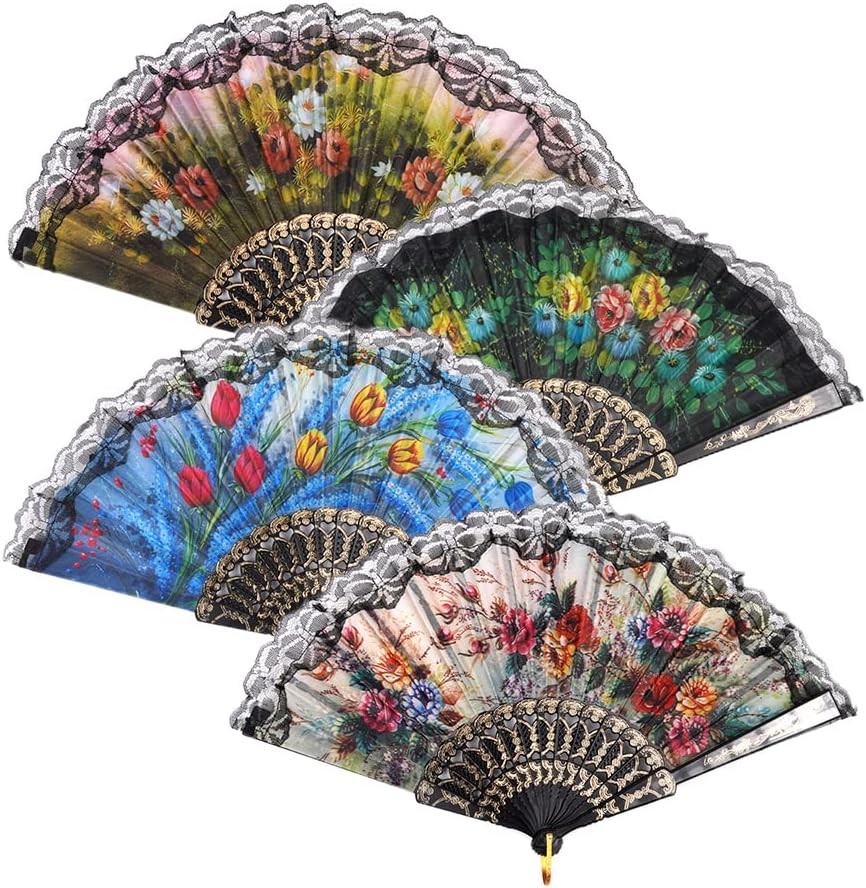 HUNANBANG 4 Pieces Folding Hand Fans Church Wedding Gift, Party Spanish 4pack