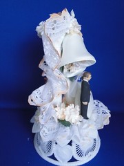 New Vintage Bride & Groom with peach trimmed Arch & bells Wedding CakeTop #187