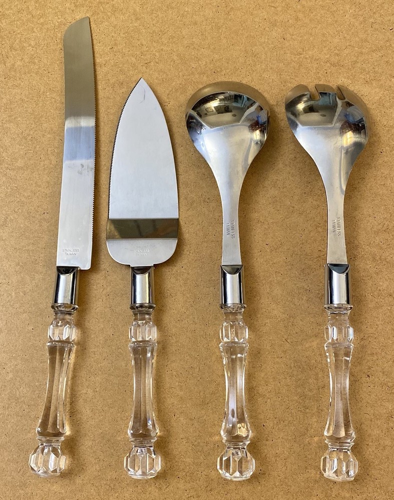 Vtg Clear Facet Lucite Handle Stainless Cake Knife Server Fork & Spoon 4pc Set