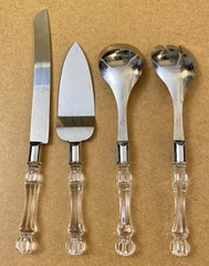 Vtg Clear Facet Lucite Handle Stainless Cake Knife Server Fork & Spoon 4pc Set