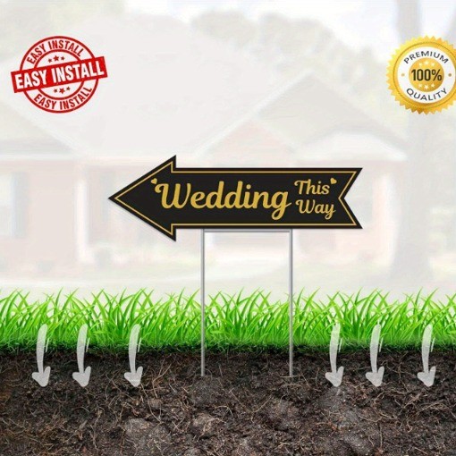 4 Pieces Wedding This Way Sign With Stake Black Golden Arrow Shaped Garden Signs
