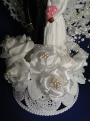 New Vintage Dark skin Bride & Groom Filigree Heart Wedding CakeTop, #304