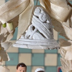Vtg 1950s Bride Groom Wedding Cake Topper w Signed Bell, Sugar & Composition