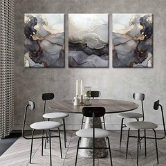 3Pcs Framed Modern Abstract Black and Gold Canvas Wall Art Fluid Lines Marble…