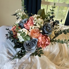 Artificial Wedding Flower Bouquet Bunch – Blue Pink White Roses Eucalyptus