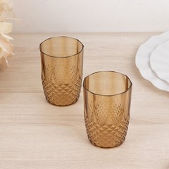 6 AMBER GOLD 16 oz Crystal Cut Plastic DRINKING GLASSES Party Events Home