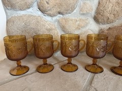 Vintage Glass Set of 8 Goblet MCM Orange Colored Raised Pattern Goblet 5.5″ tall