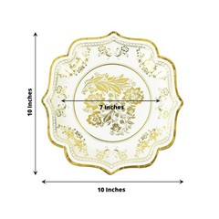 25 White 10″ Paper Dessert Plates GOLD Floral Print Scalloped Rim Party Events