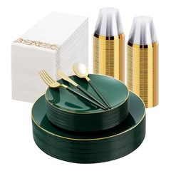 175 Pieces Green Gold Plastic Dinnerware Set, Green and Gold Disposable Plates