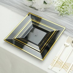 10 Plastic Black 10″ Square Plates with Gold Rim Disposable Party Wedding SALE
