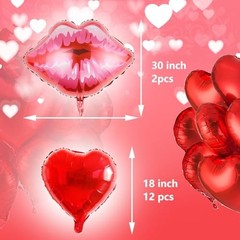 14pcs Red Lips Heart Mylar Balloons, 18inch Red Heart Balloons 30inch Large