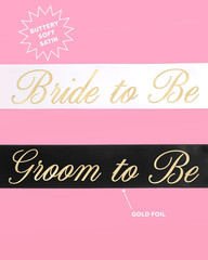 Bride and Groom Sash Duo 2 Pack | White and Black Satin, Gold Foil