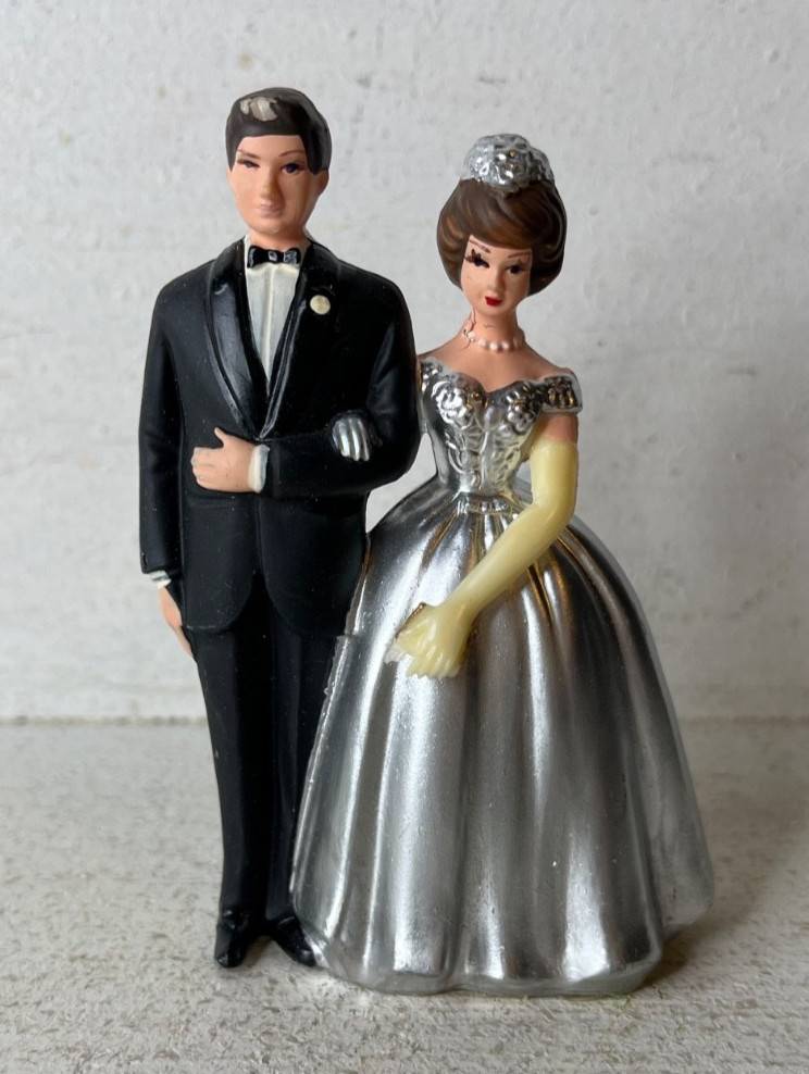 VTG 1950s 1960s Plastic Silver Bride Groom Wedding Cake Topper 3.5″ Wilton