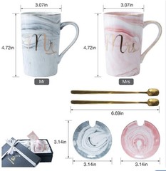 Marbled Ceramic Couple Mugs Set Pink Gray Wedding Gift with Spoons
