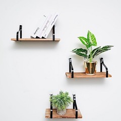 3 NATURAL Rectangular Metal Wood FLOATING SHELVES Living Room Home Decorations