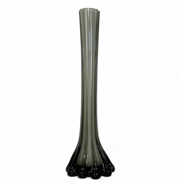 Vtg Smoked Gray White Cased Art Glass Ribbed Funky Unique Tower Vase 12” Tall