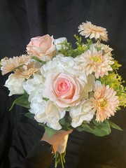 White, Pink And Champagne Pink Wedding Bouquet With Matching Boutonnière.