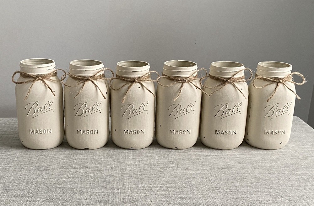 Set of 6 chalk painted distressed Quart size mason jar vases…mix & match colors!