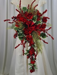 Red Berry and Amaryllis, Rose Cascade Faux Silk Wedding Bouquet