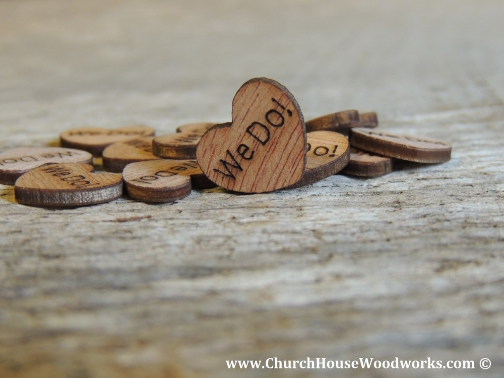 100 wooden We Do hearts rustic wedding, venue decor, confetti, invitations USA