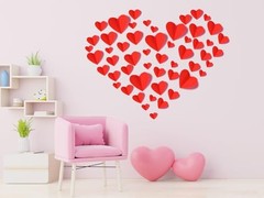 60 Pcs Valentines-Day-Wall-Decorations, 3D Heart Valentine Wall Stickers, Red