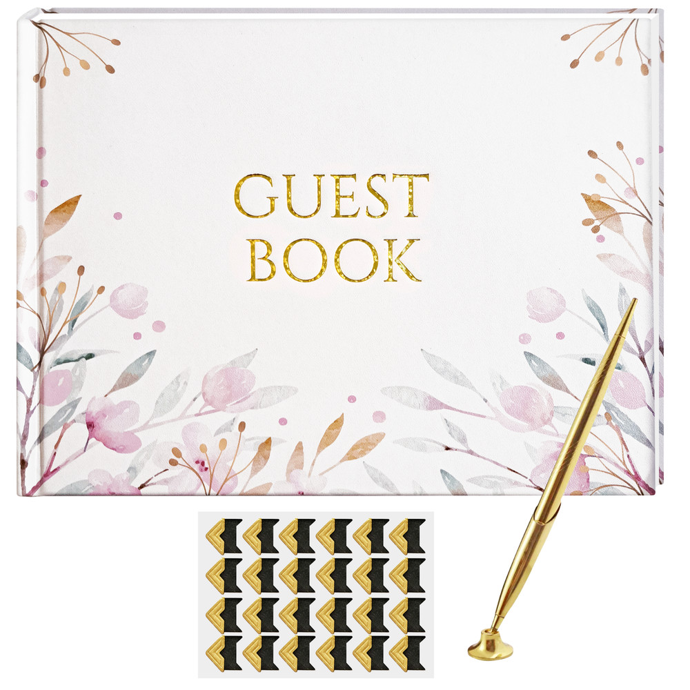 Guest Book Set Include Gold Pen and Corner Stickers Floral Design Sign-In Album
