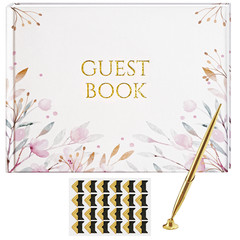 Guest Book Set Include Gold Pen and Corner Stickers Floral Design Sign-In Album