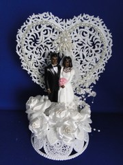 New Vintage Dark skin Bride & Groom Filigree Heart Wedding CakeTop, #304