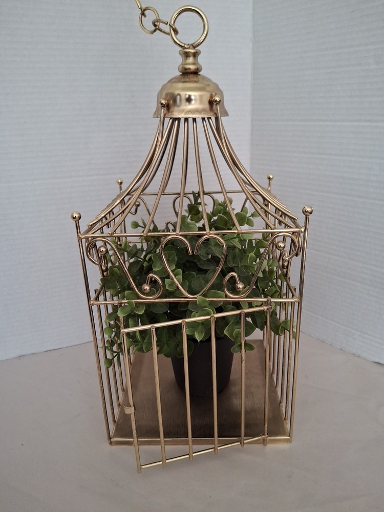 Gold Finish Metal Heart Bird Cage+Adj Hanging Chain Wedding Card Holder Planter