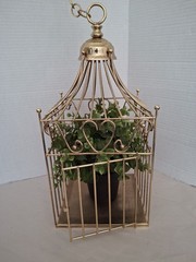 Gold Finish Metal Heart Bird Cage+Adj Hanging Chain Wedding Card Holder Planter
