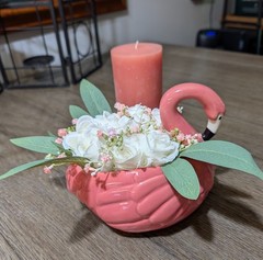 Wedding Centerpiece, Flamingo Table Decor with Bouquet of White Mini Roses