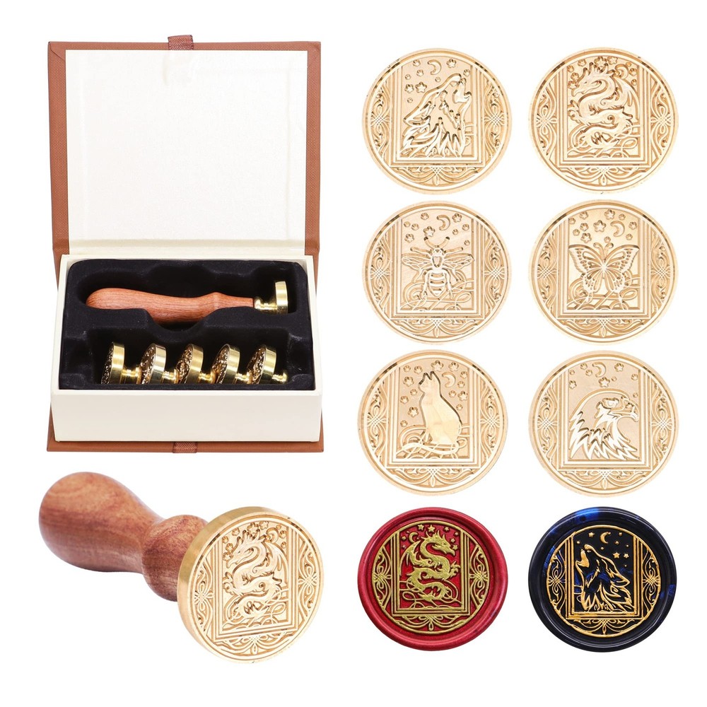 SWANGSA Wax Seal Stamp Set, Vintage 6 Pieces Sealing Wax Stamp Heads and 1 Wo…