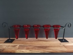 Red Glass Votive Candle Holder Set of 5 w Black Metal Stand Centerpiece