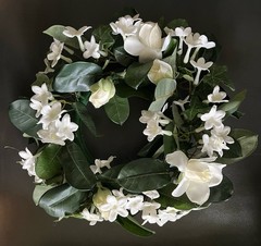 Stephanotis & White Rose Candle Rings, Dk Green Leaves-10″Dia . Set Of 14