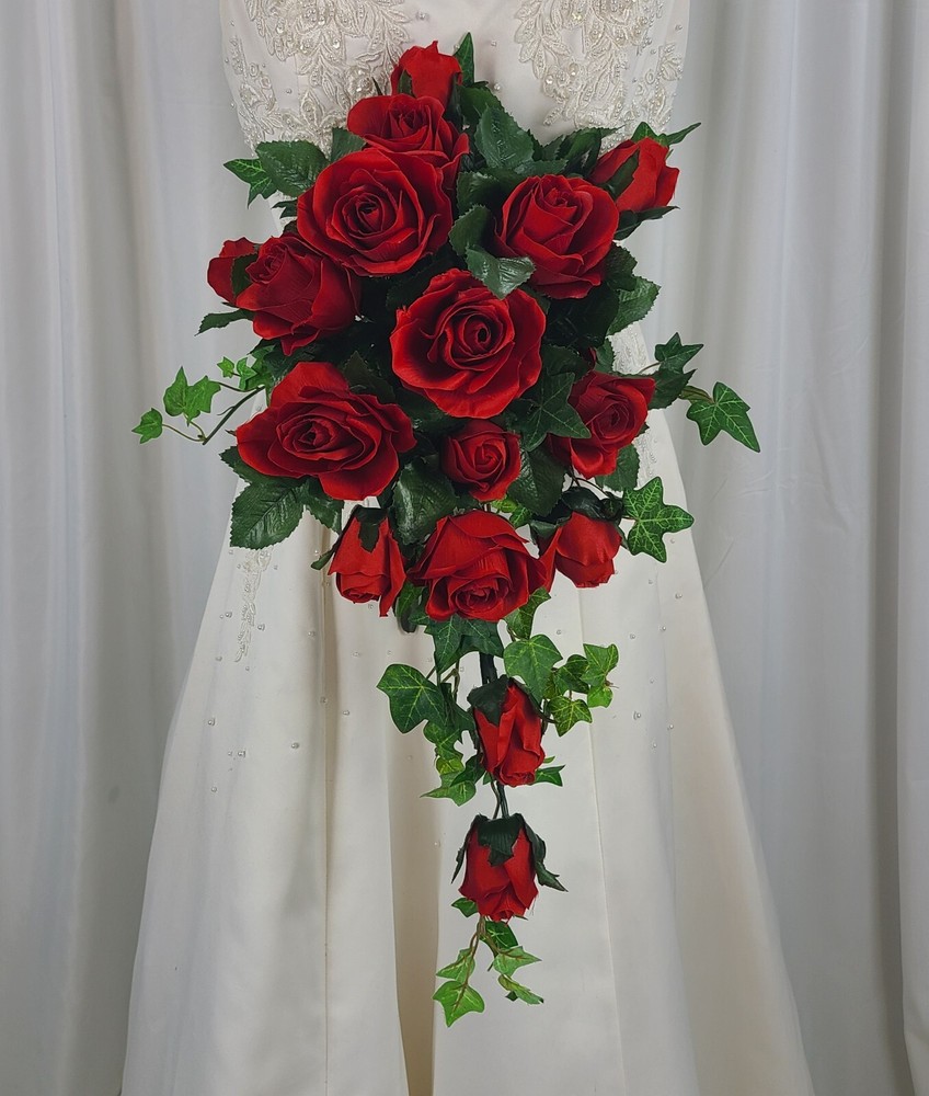 Sweet Roses of Red Cascading Ivy Faux Silk Wedding Bouquet