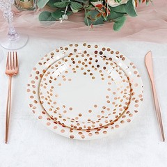 25 WHITE 9″ Round PAPER PLATES ROSE GOLD Polka Dots Party Events Home Tableware