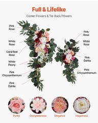 Realistic Pink Silk Wedding Arch Flowers with 21ft Drapes 2PC Set