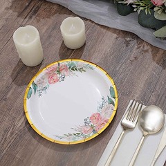 25 White Round Paper Plates Floral Design Gold Rim Party Events Home Tableware
