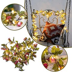 Artificial Rose Flower Vine String Lights,20 White+Pink rose 3 Modes / 20led